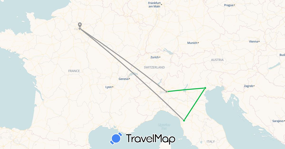 TravelMap itinerary: bus, plane in France, Italy (Europe)